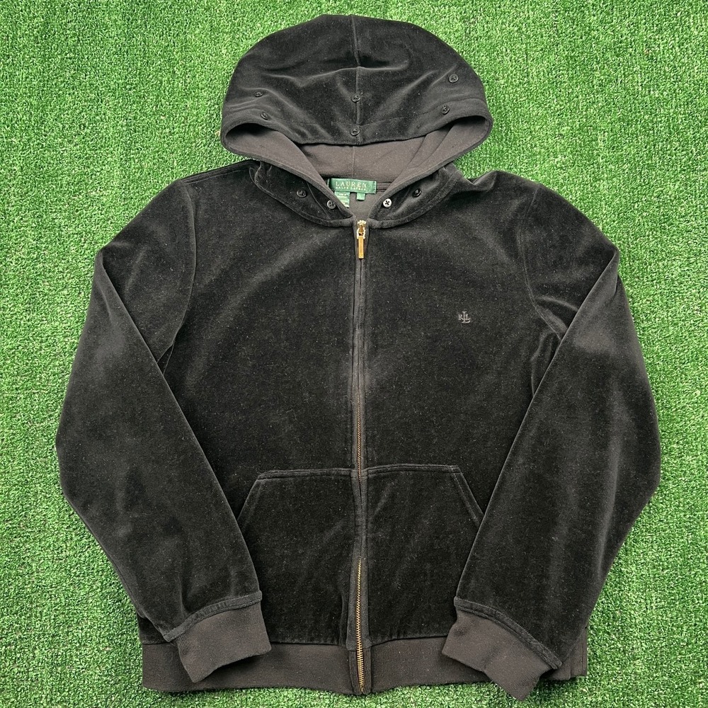 Vintage Lauren Ralph Lauren Velour‎ Full Zip Hoodie Women's Large Black Y2K